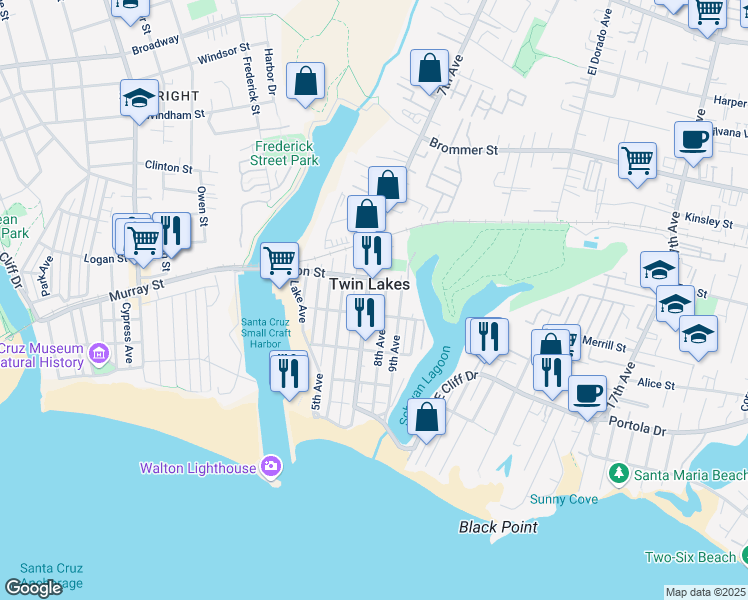 map of restaurants, bars, coffee shops, grocery stores, and more near in Twin Lakes