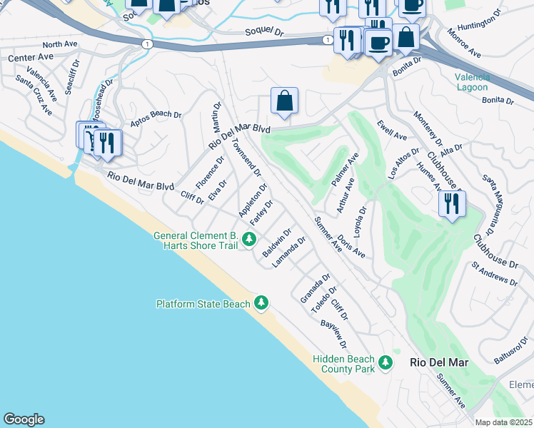 map of restaurants, bars, coffee shops, grocery stores, and more near 214 Farley Drive in Aptos