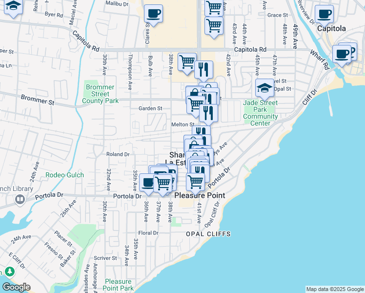 map of restaurants, bars, coffee shops, grocery stores, and more near 1040 38th Avenue in Santa Cruz