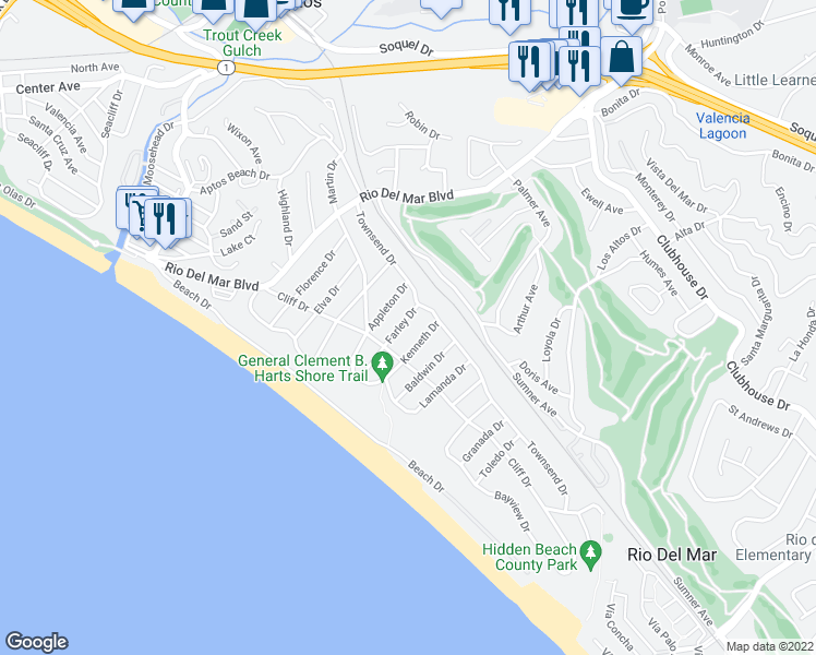 map of restaurants, bars, coffee shops, grocery stores, and more near 214 Farley Drive in Aptos