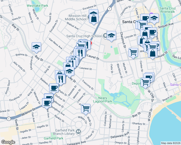 map of restaurants, bars, coffee shops, grocery stores, and more near 112 Laurent Street in Santa Cruz