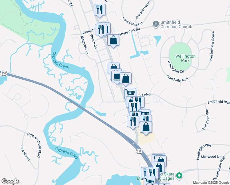 map of restaurants, bars, coffee shops, grocery stores, and more near 1619 Wilson Road in Smithfield