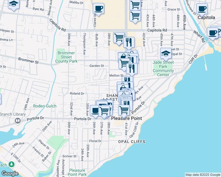 map of restaurants, bars, coffee shops, grocery stores, and more near 1040 38th Avenue in Santa Cruz