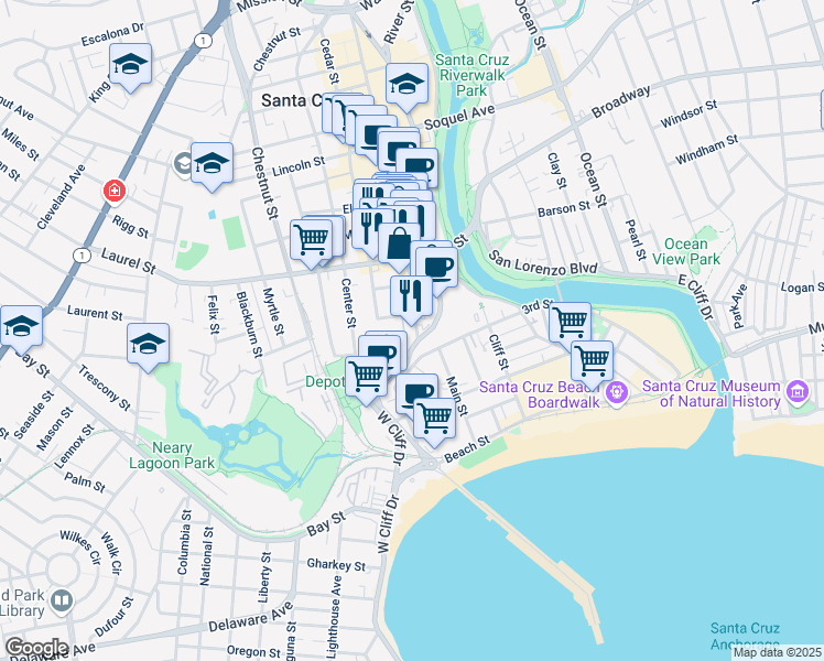 map of restaurants, bars, coffee shops, grocery stores, and more near 555 Pacific Avenue in Santa Cruz