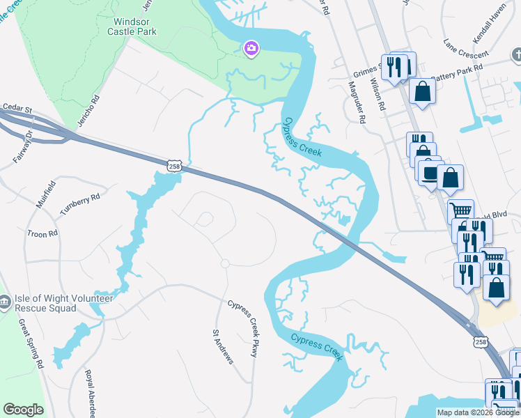 map of restaurants, bars, coffee shops, grocery stores, and more near U.S. 258 in Smithfield