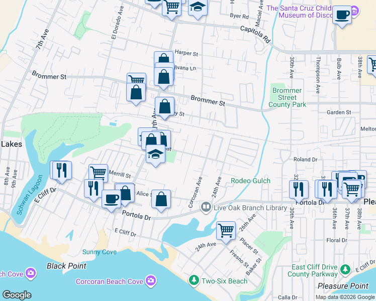 map of restaurants, bars, coffee shops, grocery stores, and more near 925 Paget Avenue in Santa Cruz