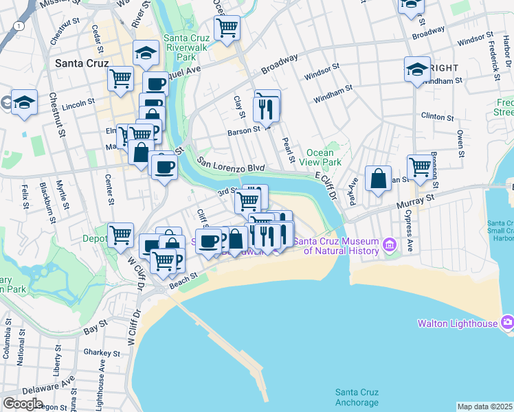 map of restaurants, bars, coffee shops, grocery stores, and more near 321 3rd Street in Santa Cruz