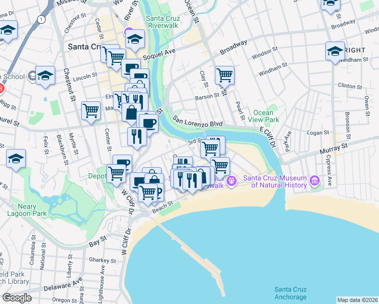 map of restaurants, bars, coffee shops, grocery stores, and more near 509 Leibrandt Avenue in Santa Cruz