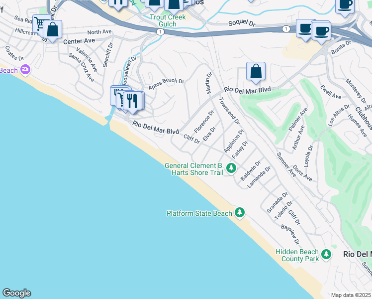 map of restaurants, bars, coffee shops, grocery stores, and more near 325 Kingsbury Drive in Aptos