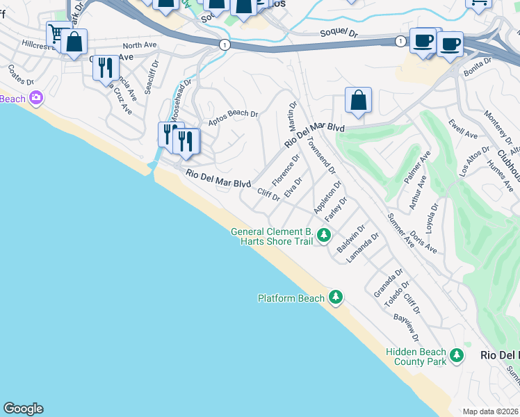 map of restaurants, bars, coffee shops, grocery stores, and more near 325 Kingsbury Drive in Aptos