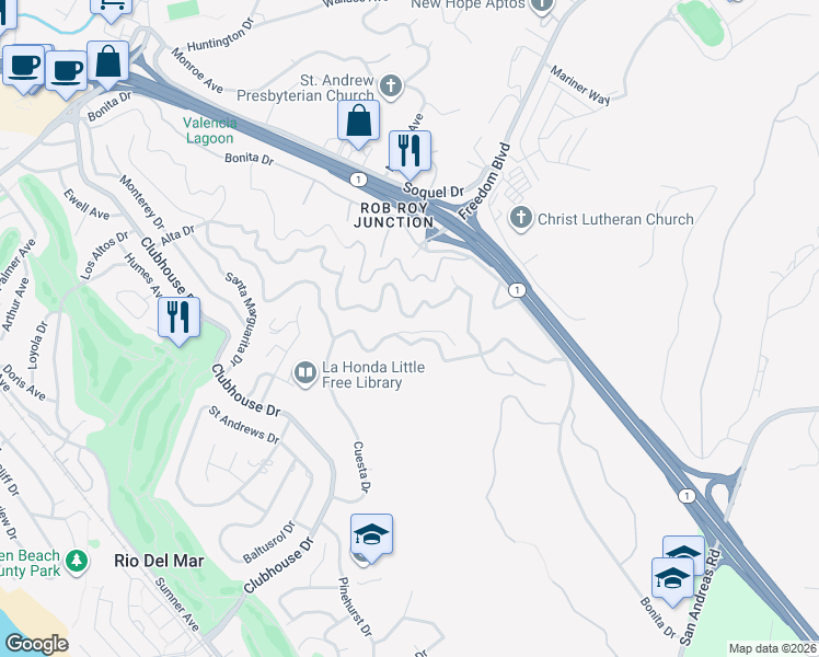 map of restaurants, bars, coffee shops, grocery stores, and more near 803 Cresta Vista Way in Aptos