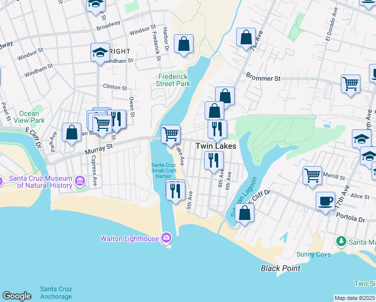 map of restaurants, bars, coffee shops, grocery stores, and more near 429 Alta Loma Lane in Santa Cruz