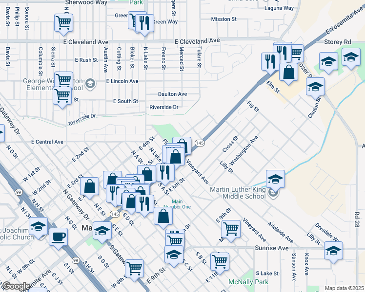 map of restaurants, bars, coffee shops, grocery stores, and more near 117 High Street in Madera