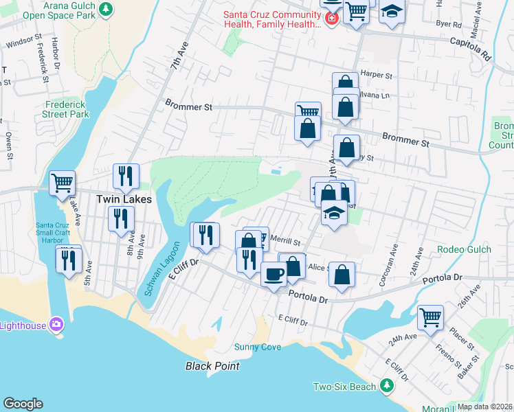 map of restaurants, bars, coffee shops, grocery stores, and more near 755 14th Avenue in Santa Cruz