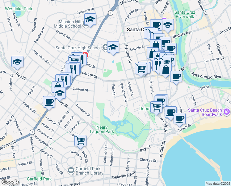 map of restaurants, bars, coffee shops, grocery stores, and more near 227 Felix Street in Santa Cruz