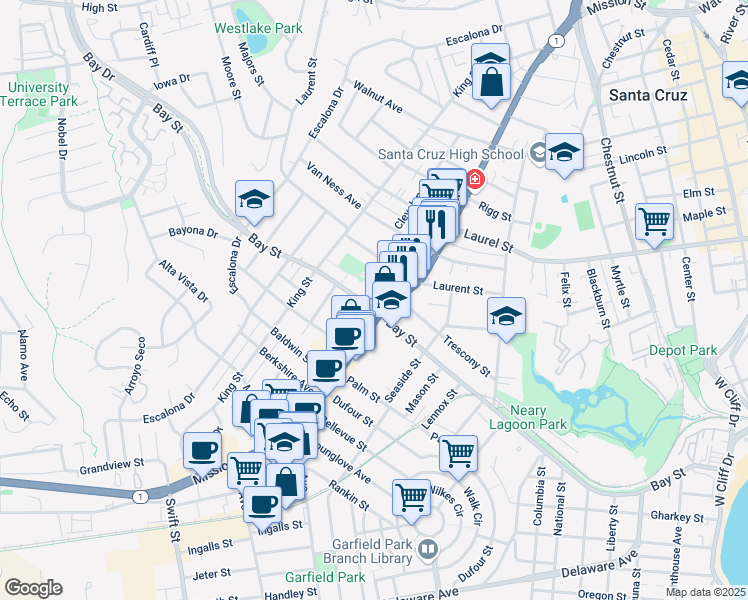 map of restaurants, bars, coffee shops, grocery stores, and more near 310 Trescony Street in Santa Cruz
