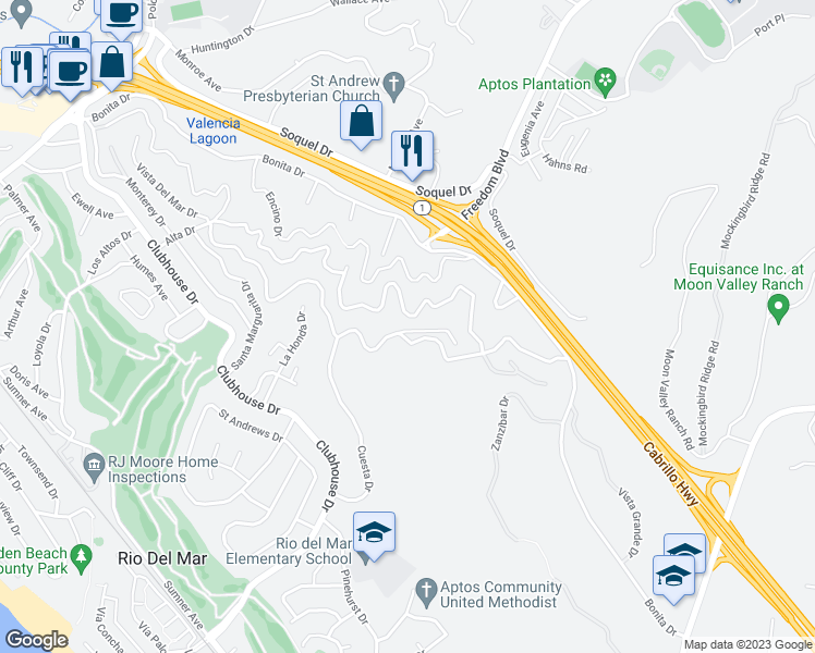 map of restaurants, bars, coffee shops, grocery stores, and more near 801 Cresta Vista Way in Aptos