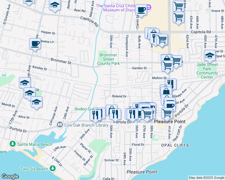 map of restaurants, bars, coffee shops, grocery stores, and more near 1060 30th Avenue in Santa Cruz