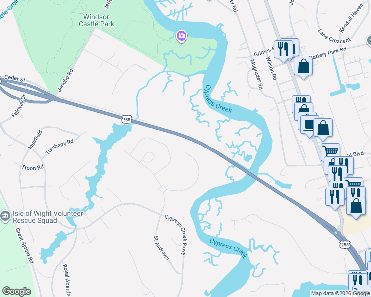 map of restaurants, bars, coffee shops, grocery stores, and more near U.S. 258 in Smithfield
