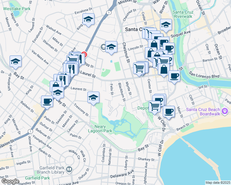 map of restaurants, bars, coffee shops, grocery stores, and more near 227 Felix Street in Santa Cruz