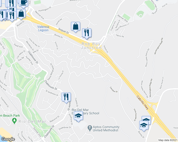 map of restaurants, bars, coffee shops, grocery stores, and more near 807 Cresta Vista Way in Aptos