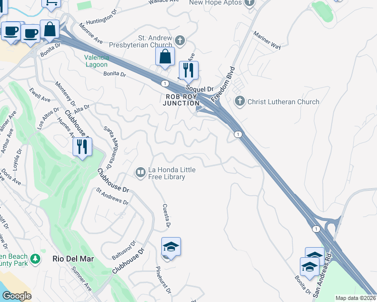 map of restaurants, bars, coffee shops, grocery stores, and more near 803 Cresta Vista Way in Aptos
