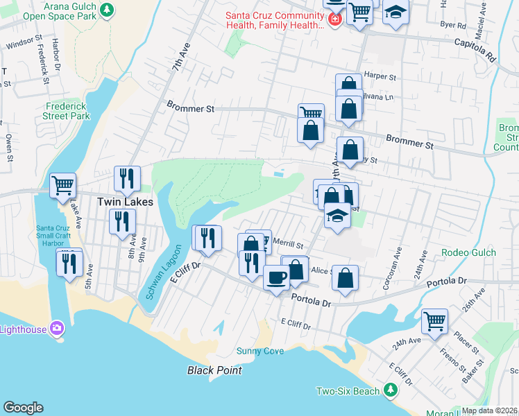 map of restaurants, bars, coffee shops, grocery stores, and more near 755 14th Avenue in Santa Cruz