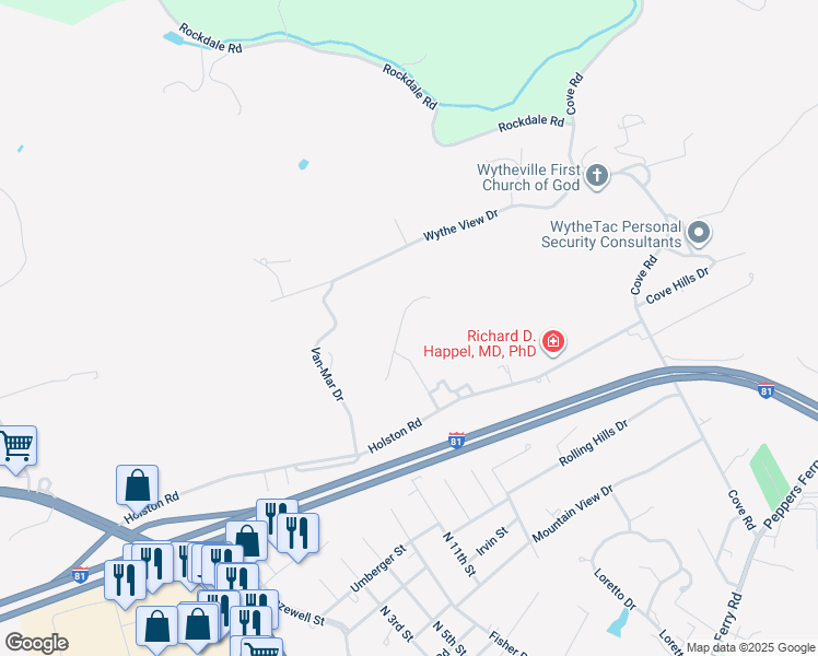 map of restaurants, bars, coffee shops, grocery stores, and more near 360 Asbury Lane in Wytheville