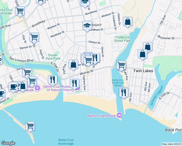 map of restaurants, bars, coffee shops, grocery stores, and more near 111 Marine Parade in Santa Cruz