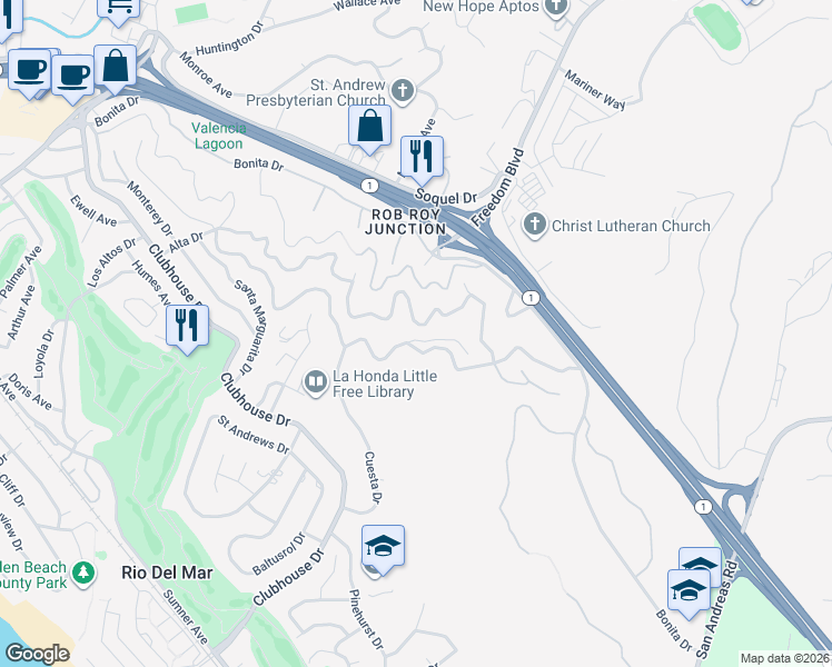 map of restaurants, bars, coffee shops, grocery stores, and more near 801 Cresta Vista Way in Aptos