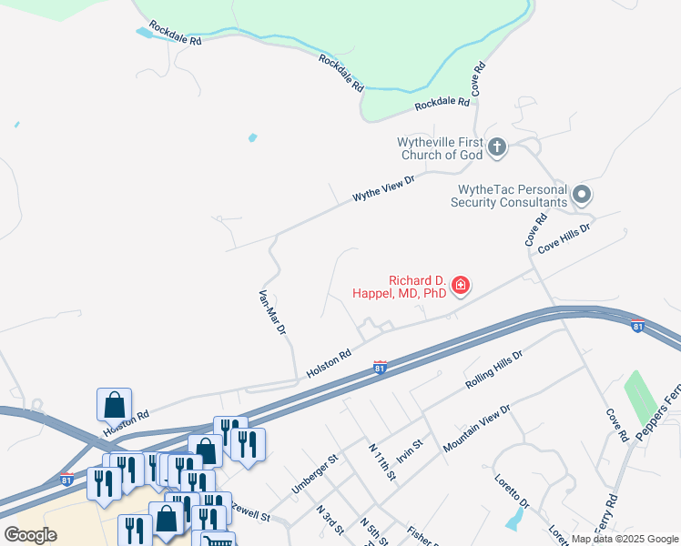 map of restaurants, bars, coffee shops, grocery stores, and more near 360 Asbury Lane in Wytheville