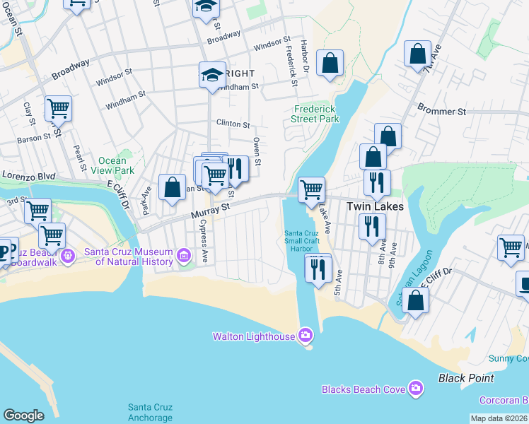 map of restaurants, bars, coffee shops, grocery stores, and more near 170 Marine Parade in Santa Cruz