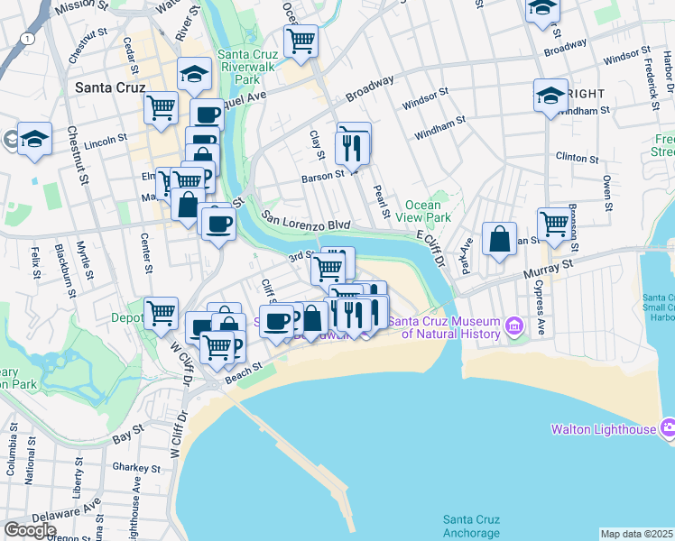 map of restaurants, bars, coffee shops, grocery stores, and more near 313 Raymond Street in Santa Cruz