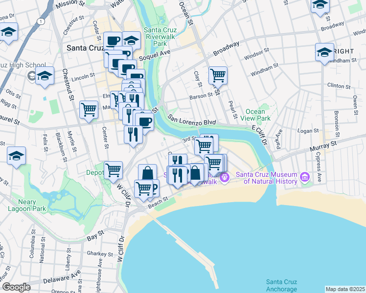 map of restaurants, bars, coffee shops, grocery stores, and more near 706 3rd Street in Santa Cruz