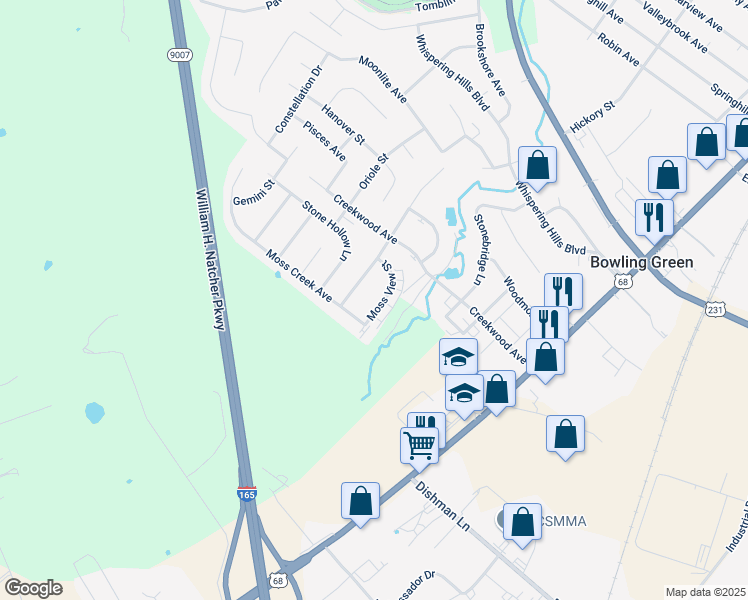 map of restaurants, bars, coffee shops, grocery stores, and more near 730 Village Creek Drive in Bowling Green