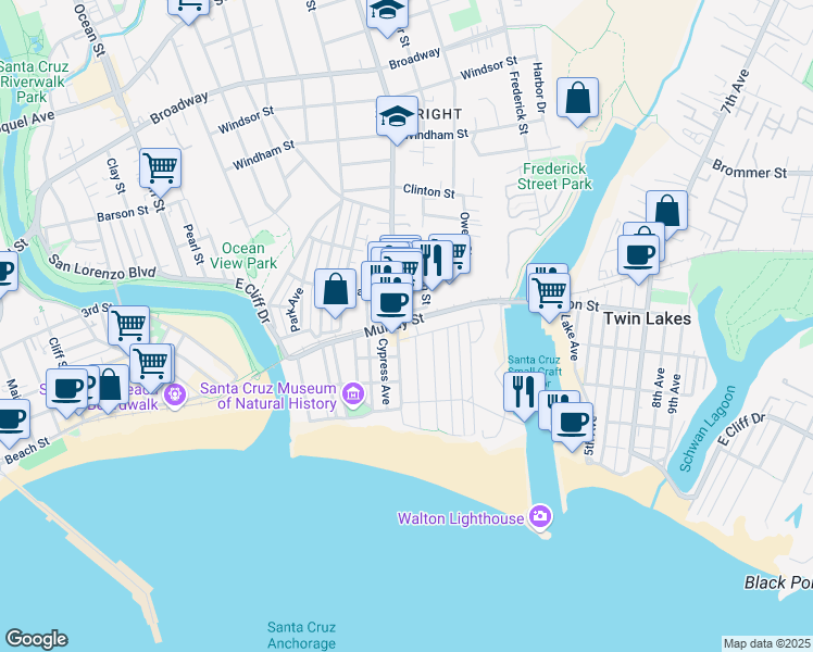 map of restaurants, bars, coffee shops, grocery stores, and more near 78 Watson Street in Santa Cruz