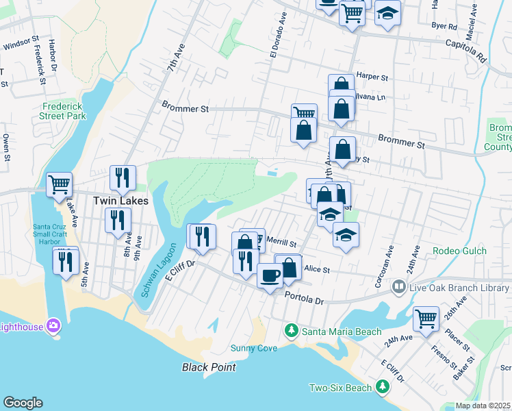 map of restaurants, bars, coffee shops, grocery stores, and more near 755 14th Avenue in Santa Cruz