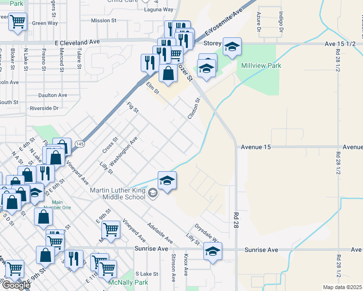 map of restaurants, bars, coffee shops, grocery stores, and more near Fig Street in Madera