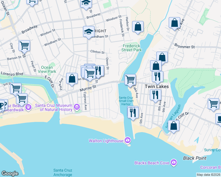 map of restaurants, bars, coffee shops, grocery stores, and more near 170 Marine Parade in Santa Cruz