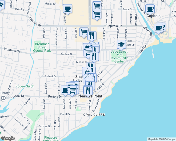 map of restaurants, bars, coffee shops, grocery stores, and more near in Pleasure Point