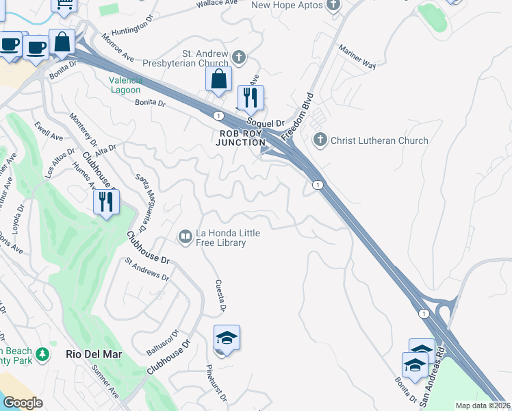 map of restaurants, bars, coffee shops, grocery stores, and more near 807 Cresta Vista Way in Aptos