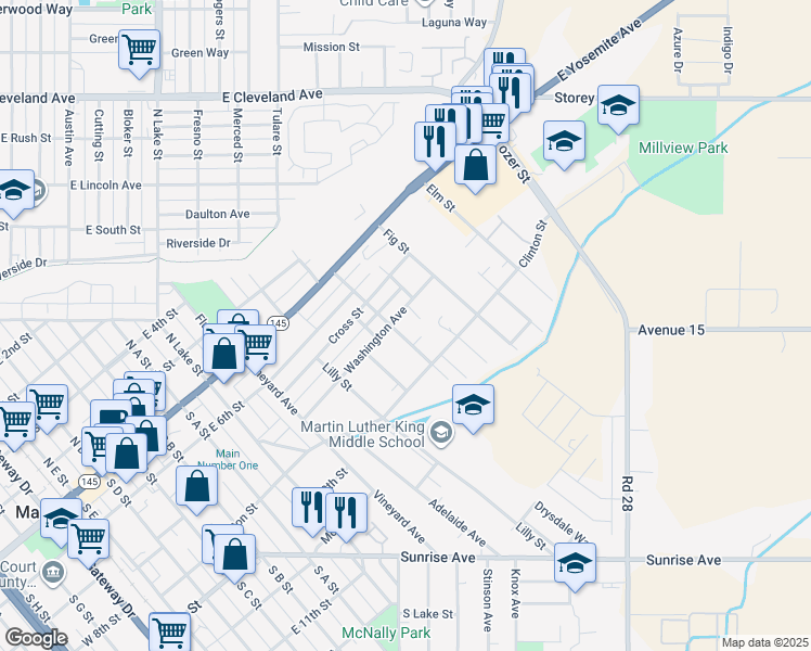 map of restaurants, bars, coffee shops, grocery stores, and more near 1014 Washington Avenue in Madera