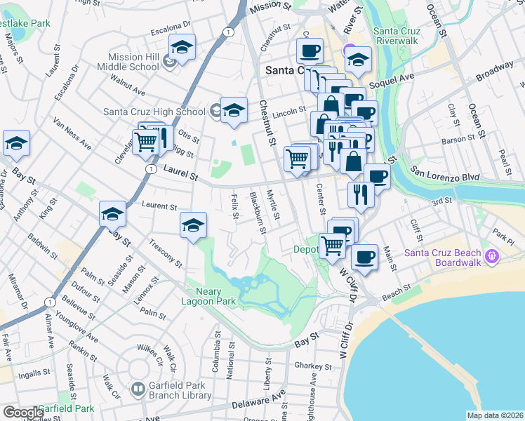 map of restaurants, bars, coffee shops, grocery stores, and more near 216 Blackburn Street in Santa Cruz