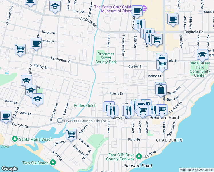 map of restaurants, bars, coffee shops, grocery stores, and more near 1141 30th Avenue in Santa Cruz