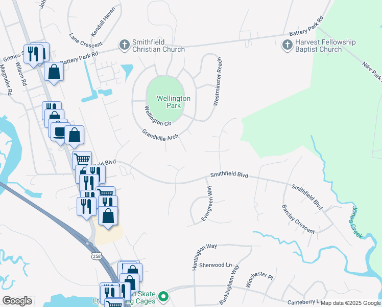map of restaurants, bars, coffee shops, grocery stores, and more near 421 Southampton Court in Smithfield