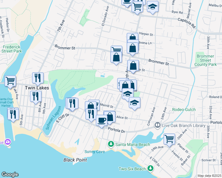 map of restaurants, bars, coffee shops, grocery stores, and more near 1555 Merrill Street in Santa Cruz