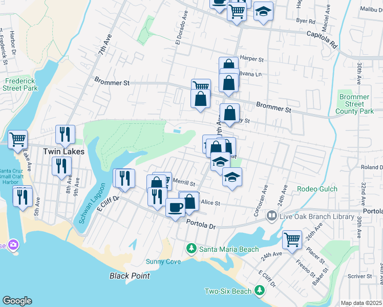 map of restaurants, bars, coffee shops, grocery stores, and more near 1555 Merrill Street in Santa Cruz