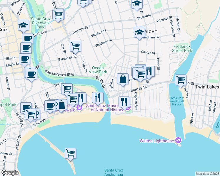 map of restaurants, bars, coffee shops, grocery stores, and more near 114 Seaview Avenue in Santa Cruz
