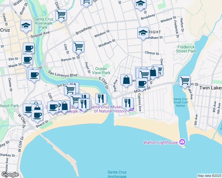 map of restaurants, bars, coffee shops, grocery stores, and more near 114 Buena Vista Avenue in Santa Cruz