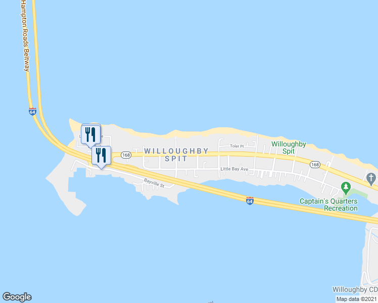 map of restaurants, bars, coffee shops, grocery stores, and more near 1270 West Ocean View Avenue in Norfolk